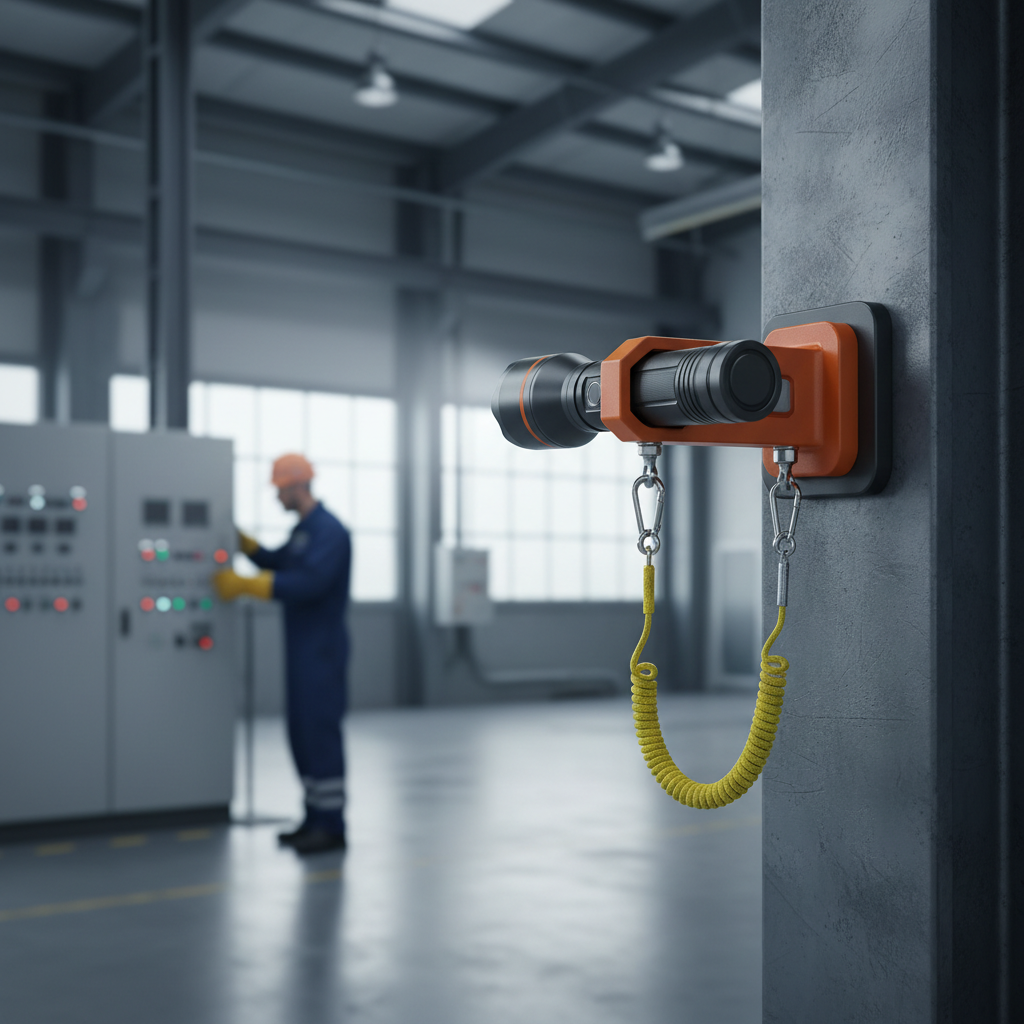 Magnetic flashlight holder mount used safely with a tether in an industrial setting