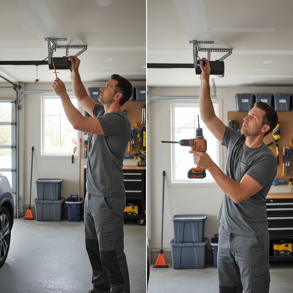 Homeowner marking a ceiling joist and pre-drilling for a lag eye bolt