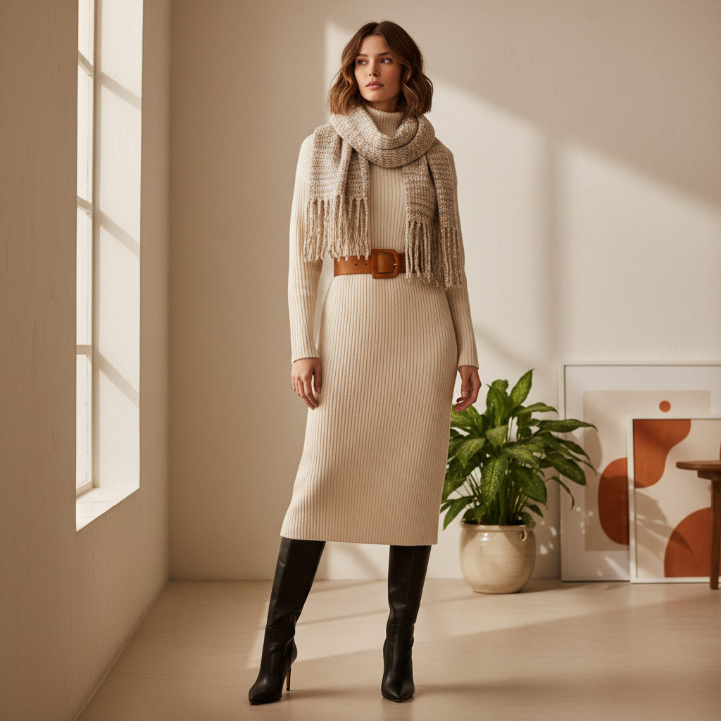 Belted turtleneck sweater dress winter look with ankle boots