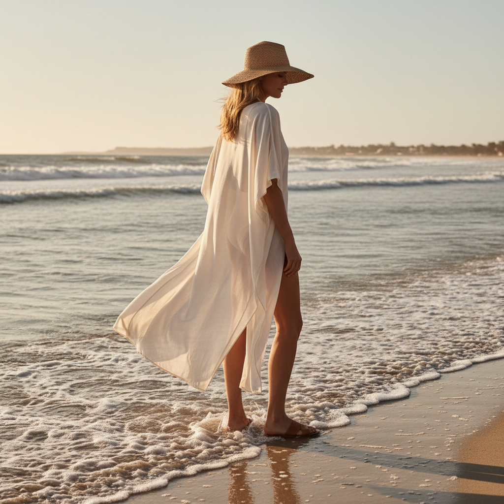 Kaftan cover-up outfit at beach with sun hat and sandals