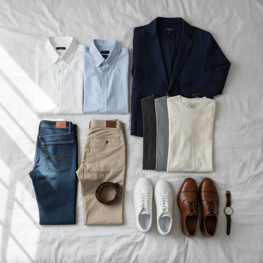 Capsule wardrobe basics for men laid out on a bed