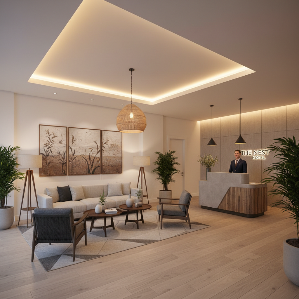 Cozy boutique hotel lobby with local art and warm lighting
