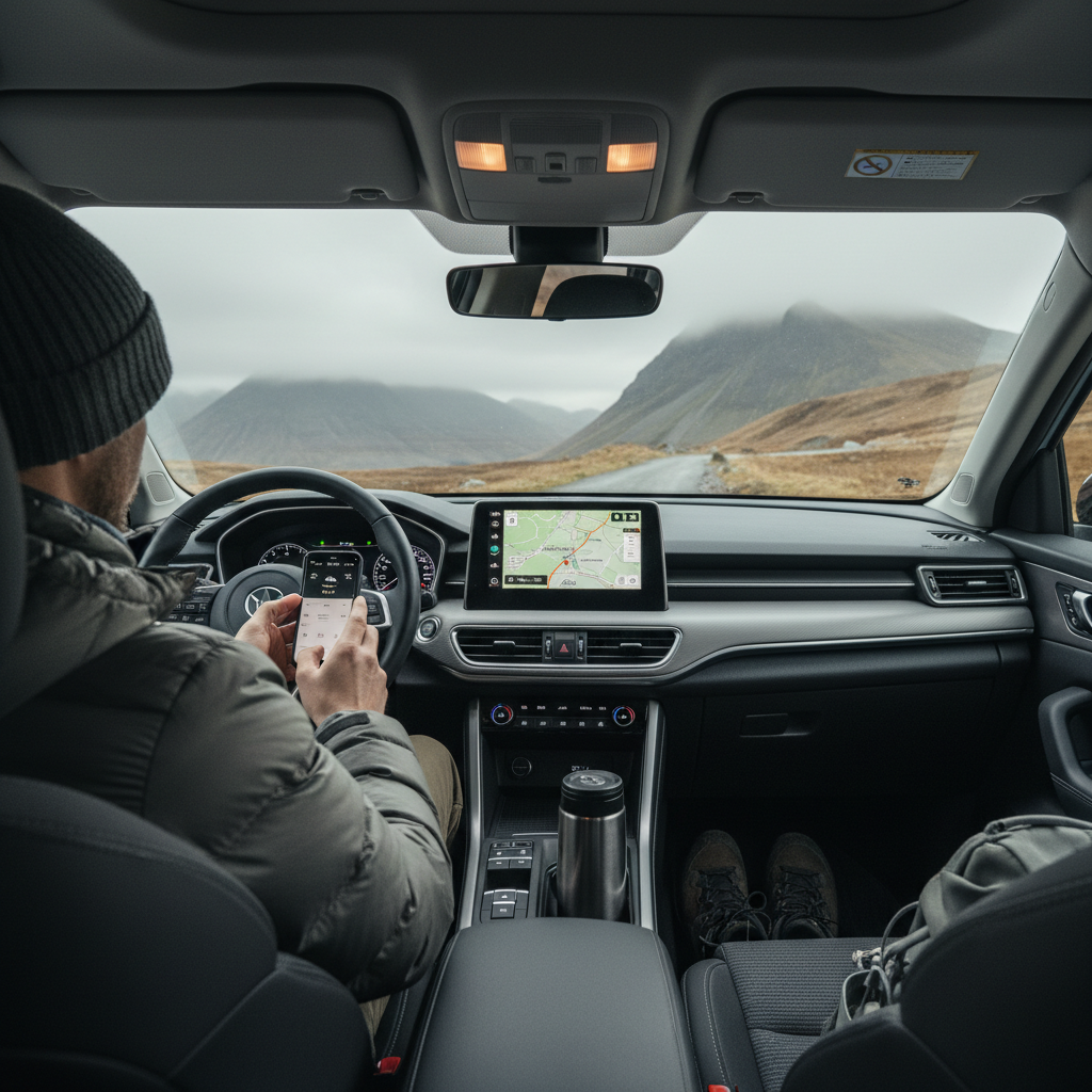 Highland traveler checking weather and road conditions before a scenic drive