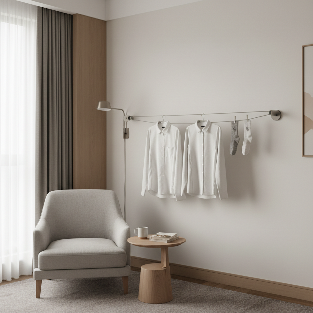 Clothes air-drying in a hotel room with a travel clothesline