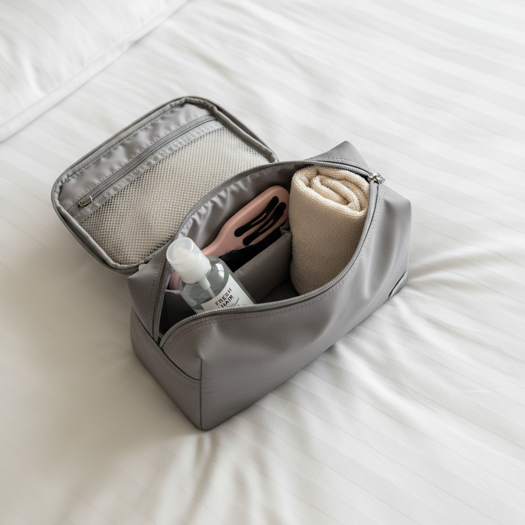 Travel dry shampoo no rinse essentials laid out in a carry-on toiletry bag