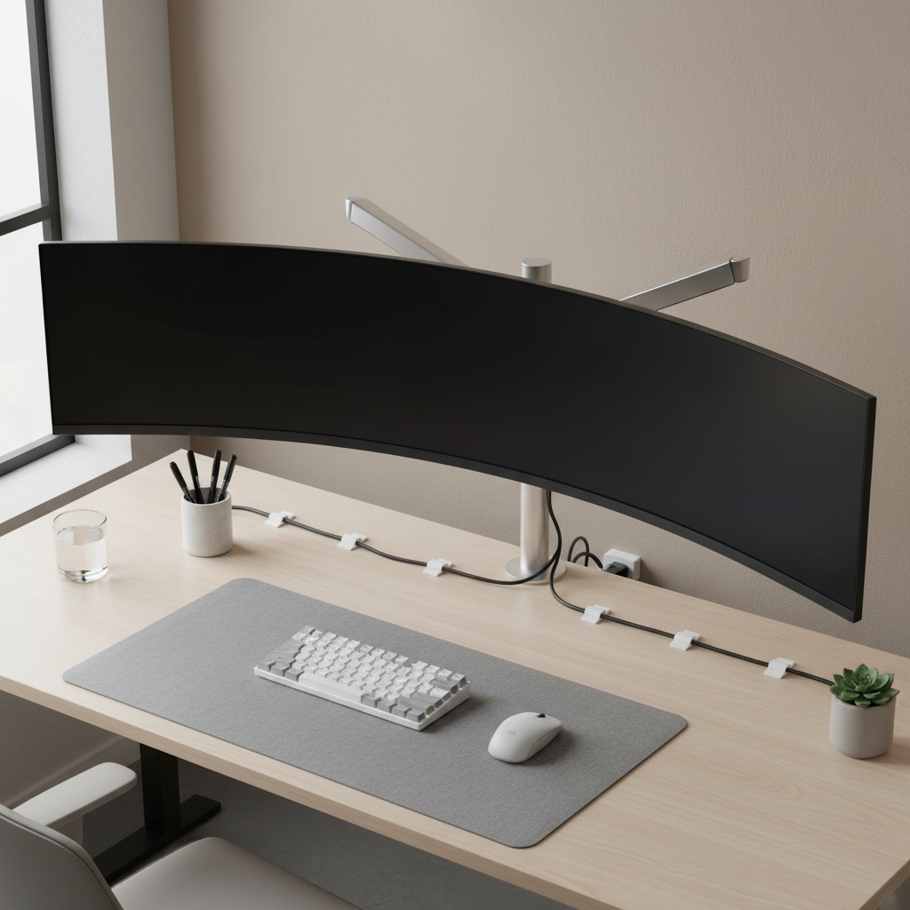 Organized desk using cable clamps to route monitor and power cables