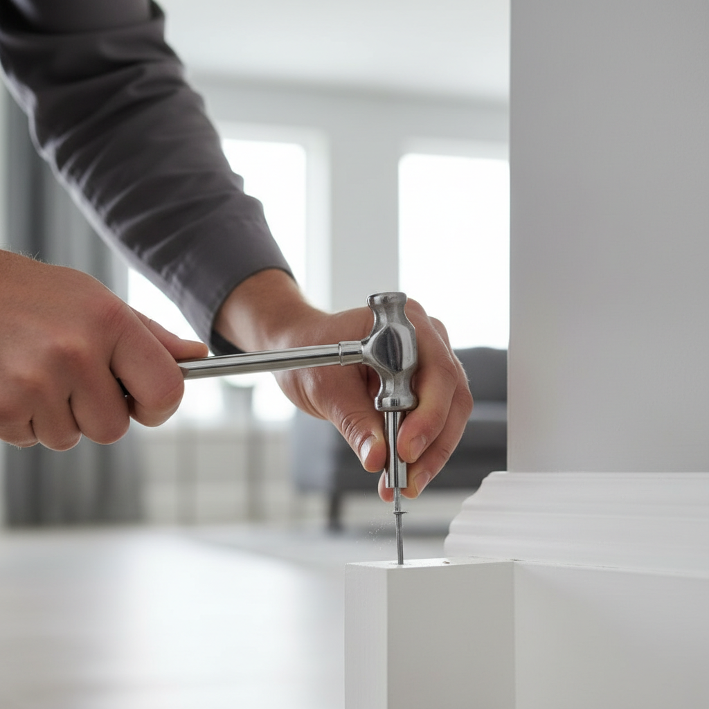 Using a nail set punch to countersink a finish nail in baseboard trim