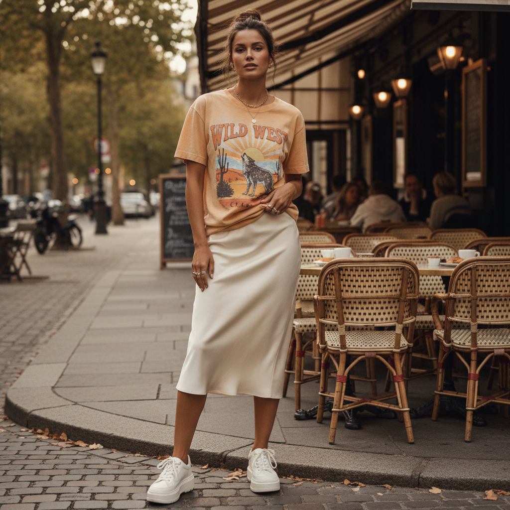 Slip midi dress styled casually with a graphic tee and sneakers