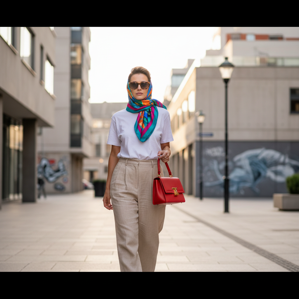 Neutral outfit with colorful accent accessories for easy styling