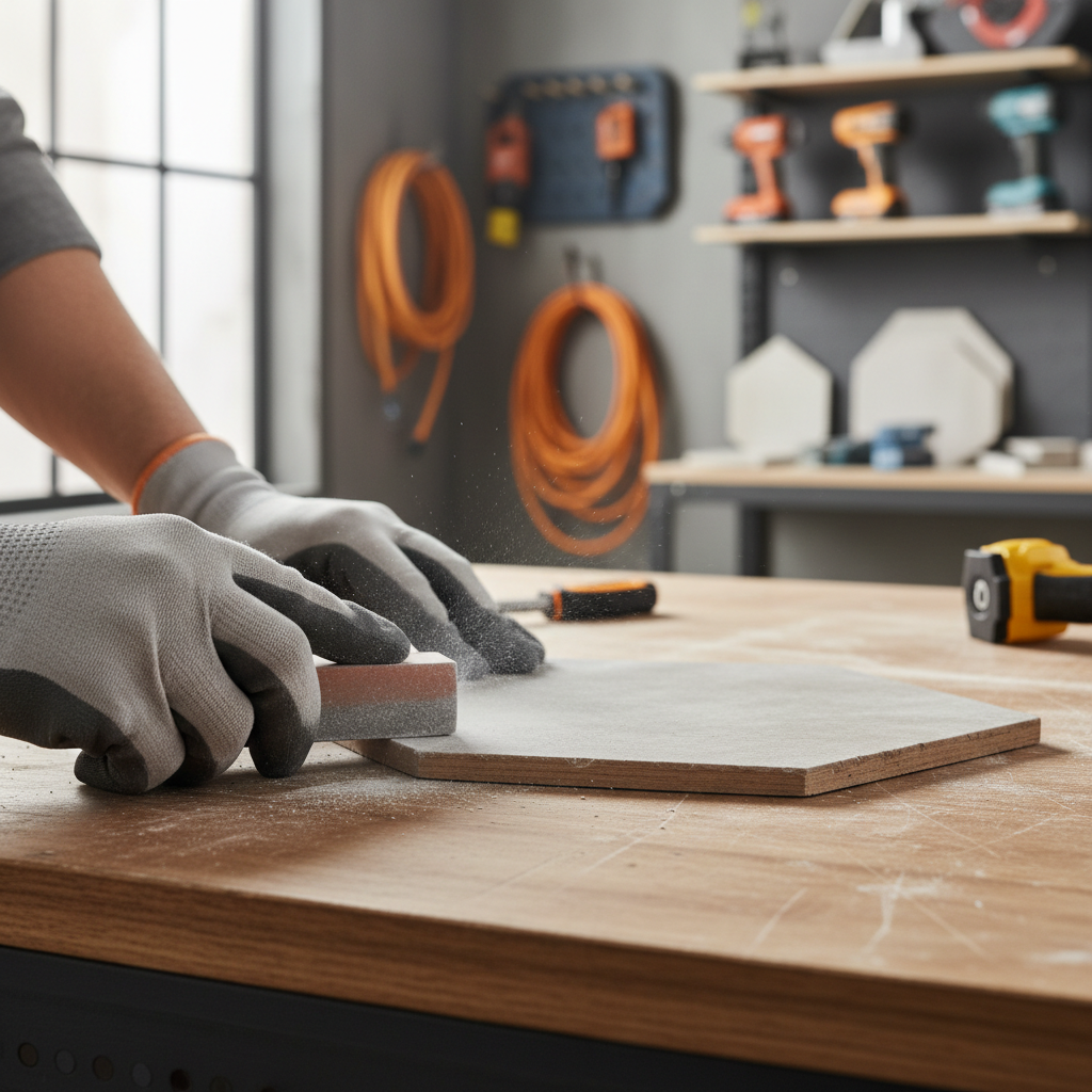 Installer using a rubbing stone to smooth a snapped ceramic tile edge