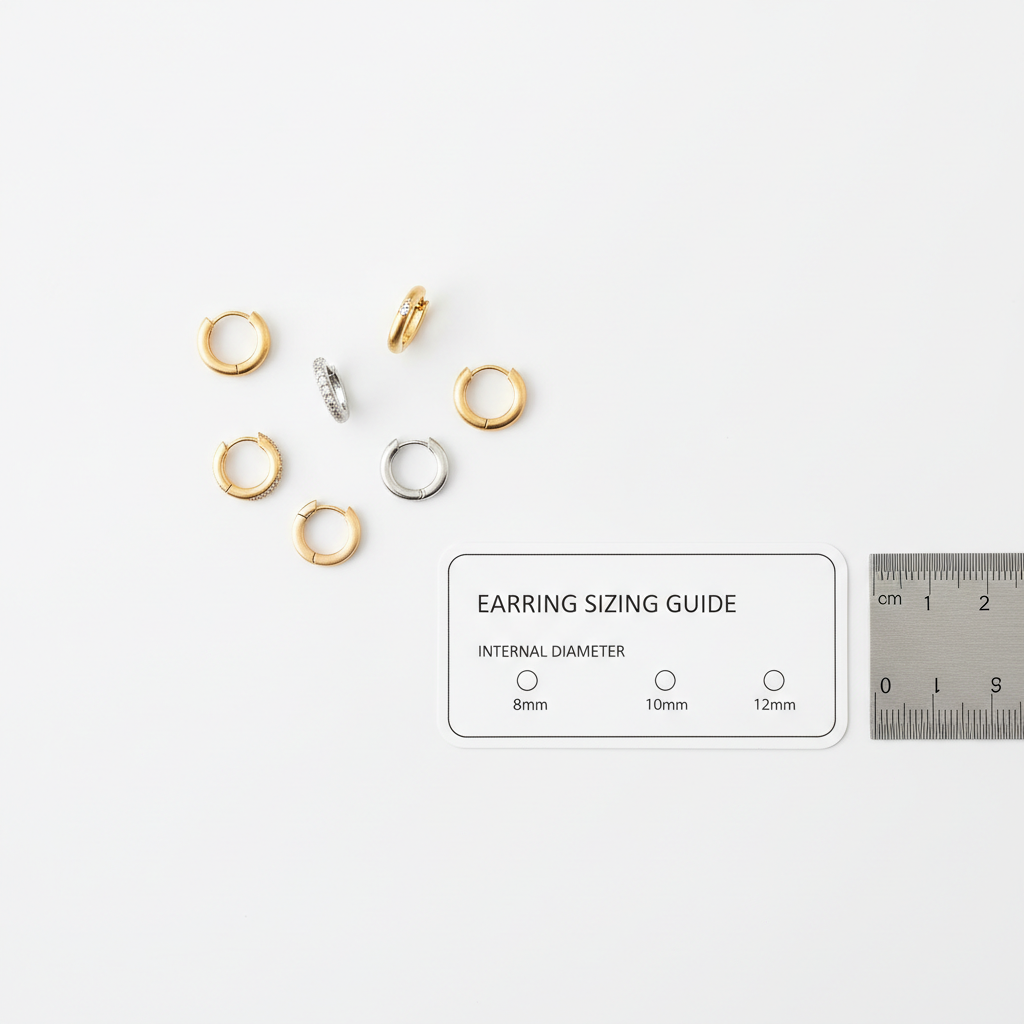 Jewelry sizing flat lay showing ruler and small huggie hoops
