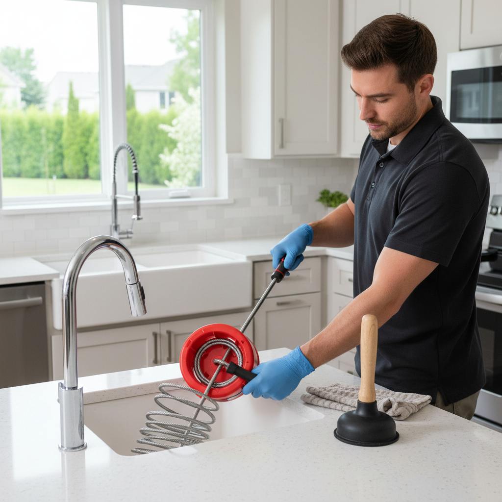 Hand drain auger being fed into a sink drain after plunging