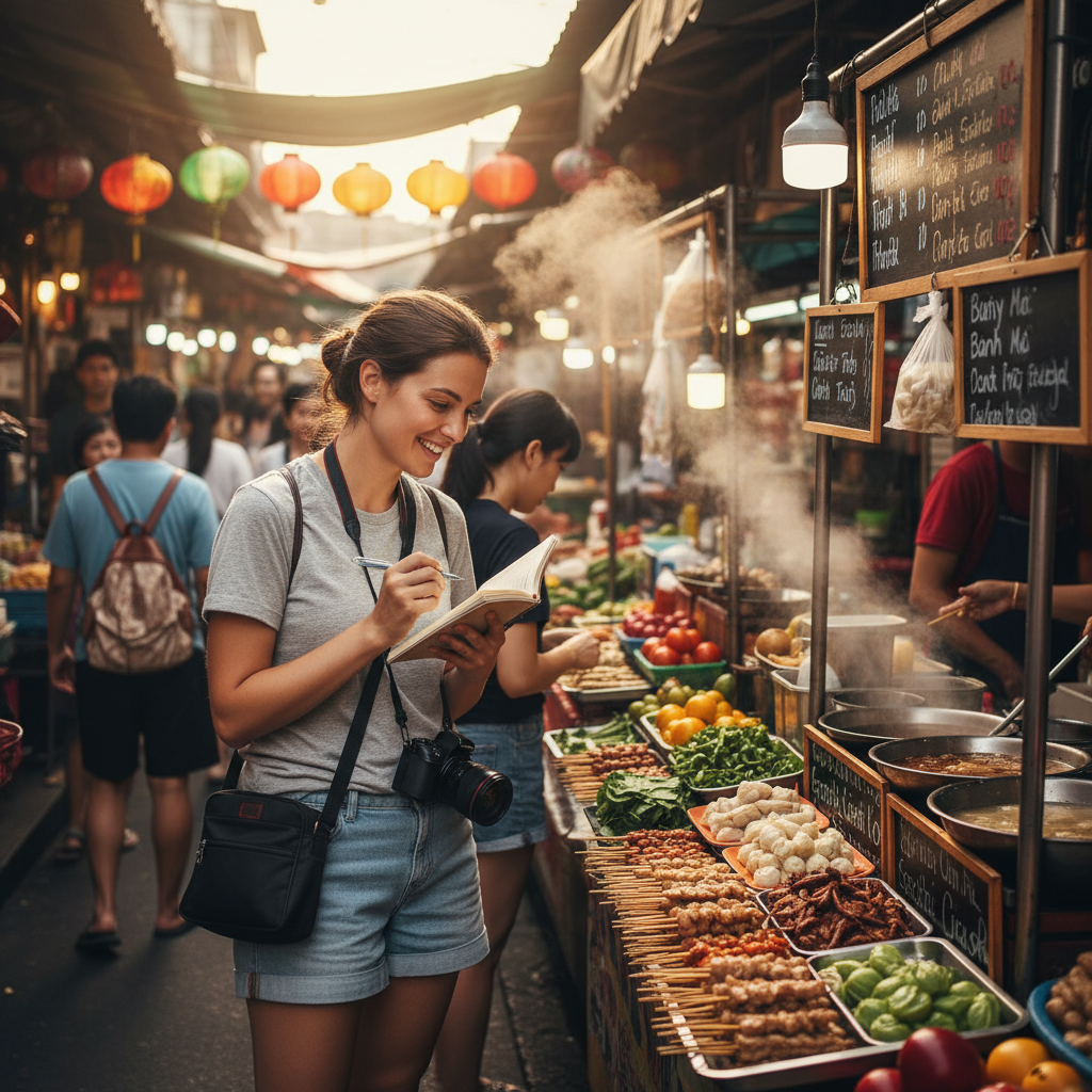 Foodie tourist exploring a local street food market