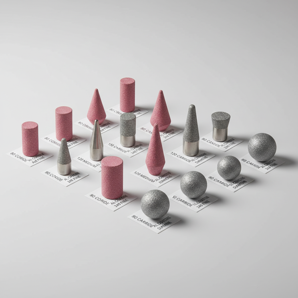 Different rotary tool grinding stone shapes and grits laid out for sharpening