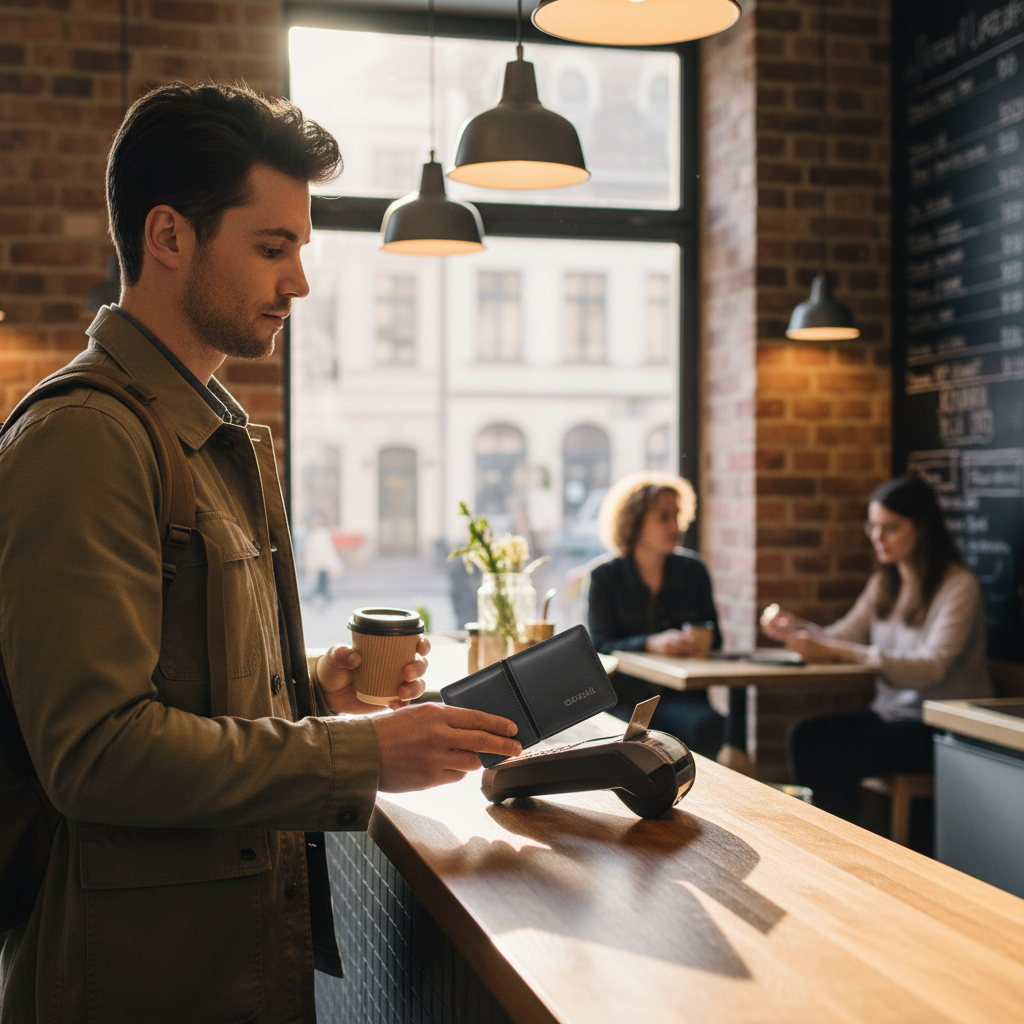 Traveler using a secure RFID blocking wallet at a cafe checkout