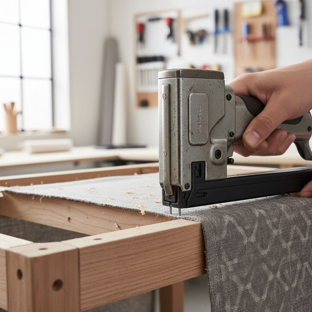 Heavy duty upholstery staple gun used on chair frame with fabric