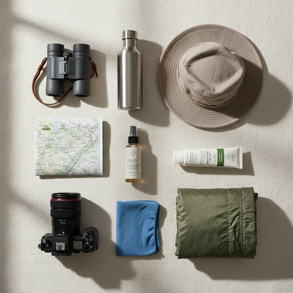 Binoculars, map, water bottle, and neutral clothing packed for a reserve visit