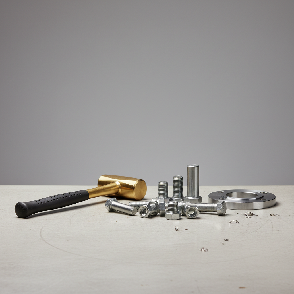 Non-sparking brass hammer and common industrial fasteners on a workbench
