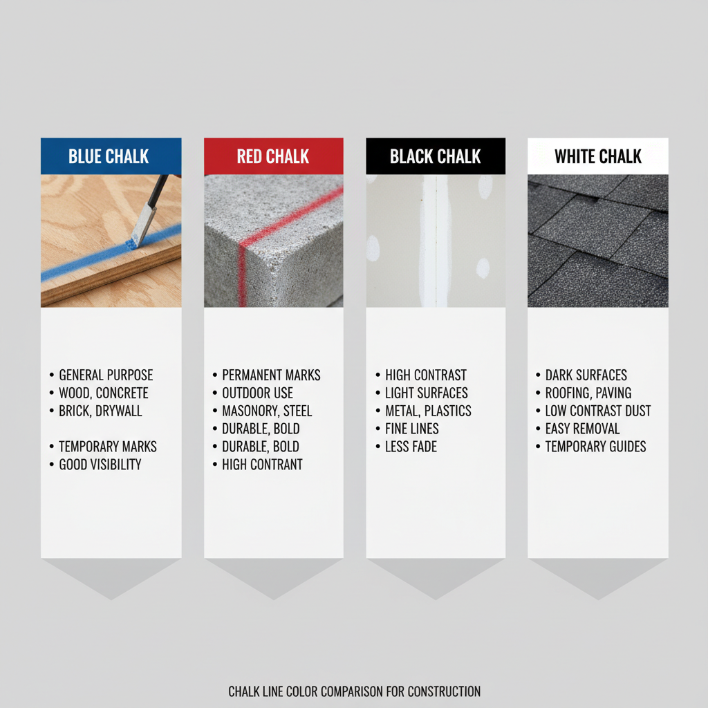 Comparison table concept showing chalk colors and best layout use cases on job sites