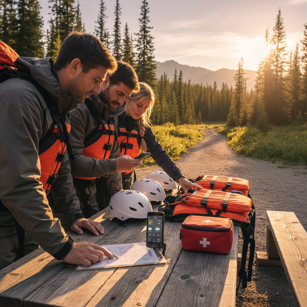 Travelers checking safety gear and weather before outdoor adventure travel activities