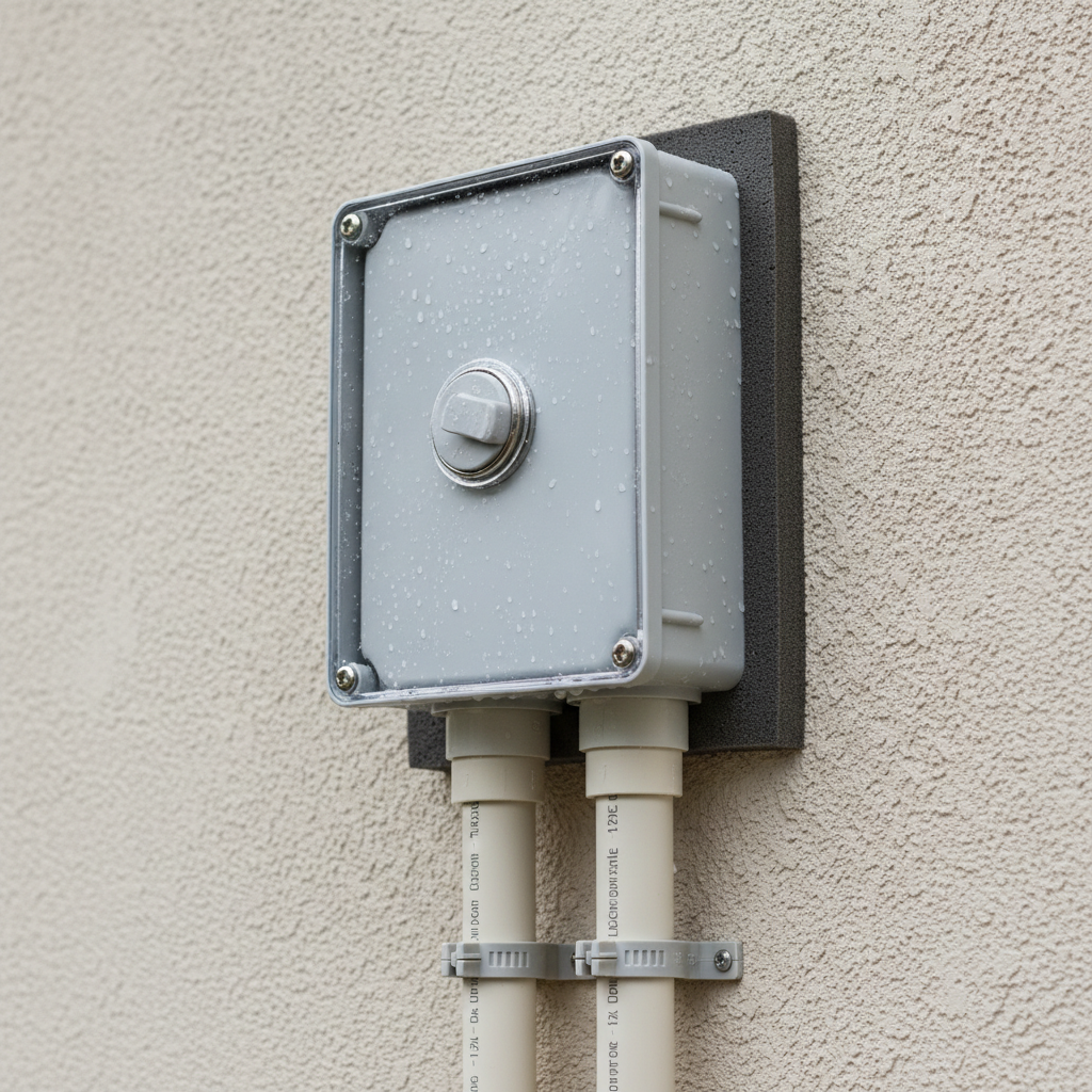 Plastic electrical junction box installed on outdoor wall with conduit