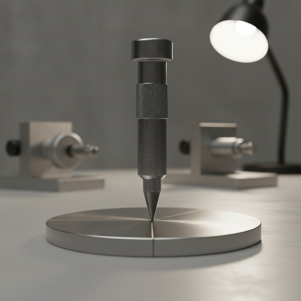 Accurate center punch at the intersection of scribed lines on a metal circle