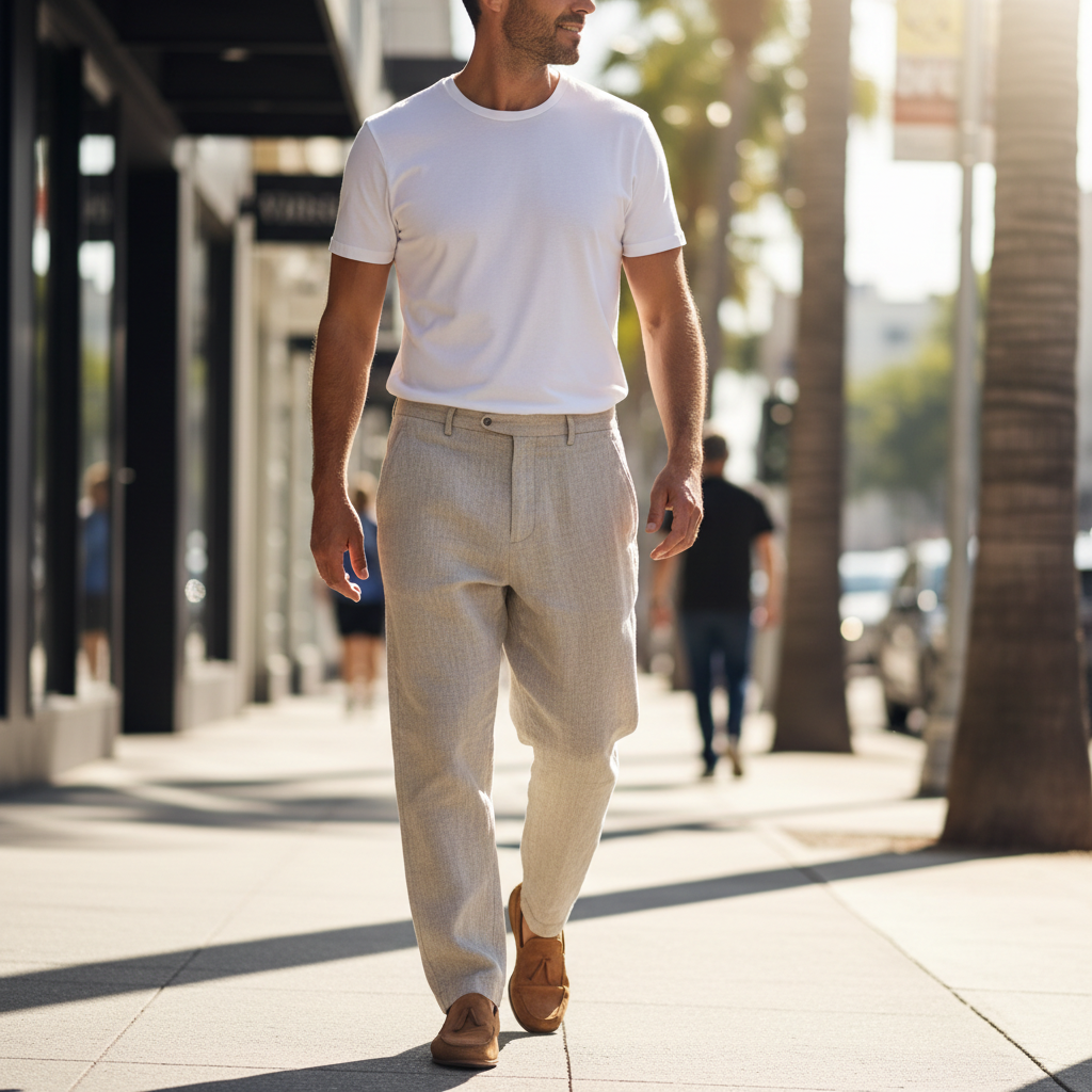 Casual loose-fit men linen pants outfit in a warm-weather city setting