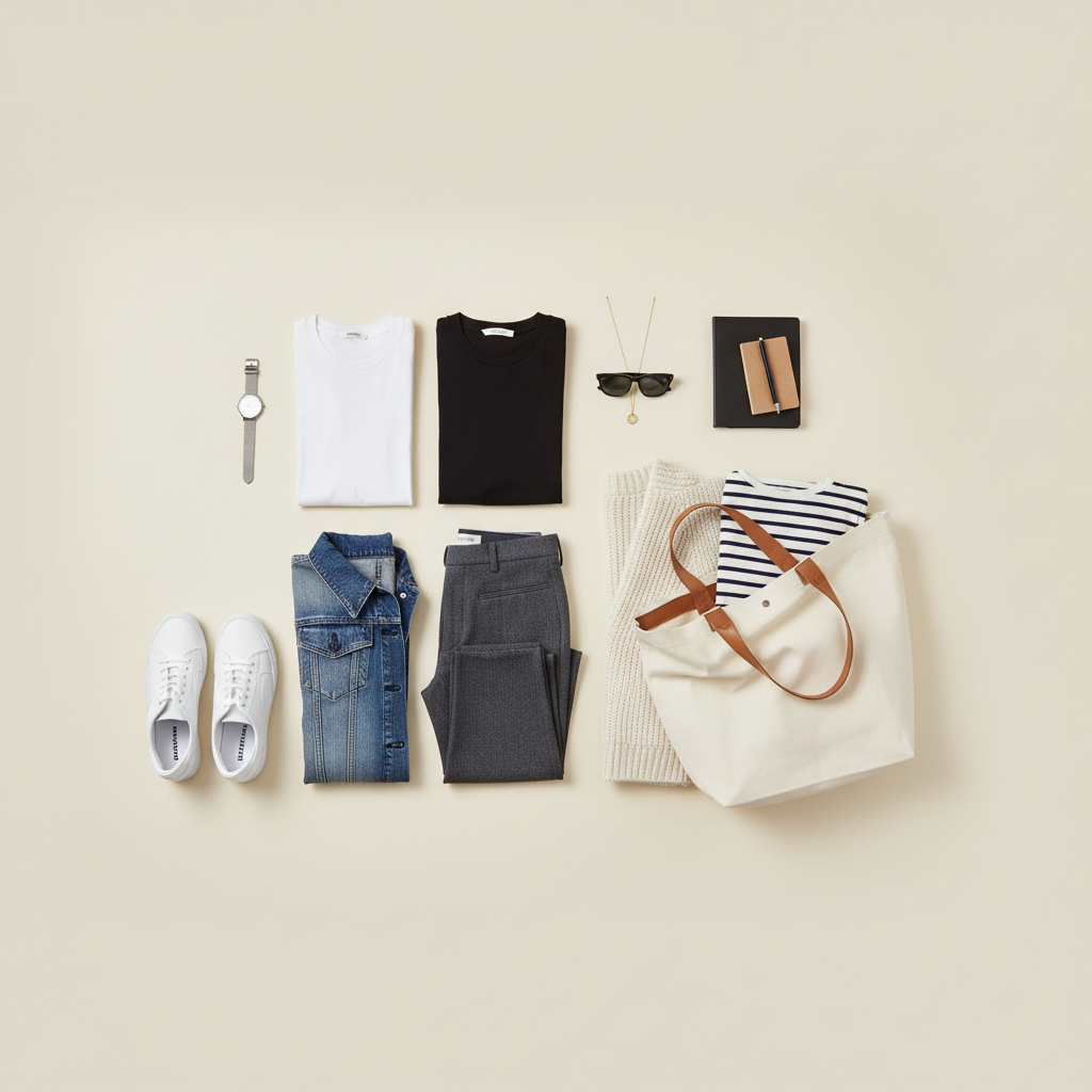 Minimal campus capsule wardrobe flat lay with jeans, sneakers, jacket, and tote bag