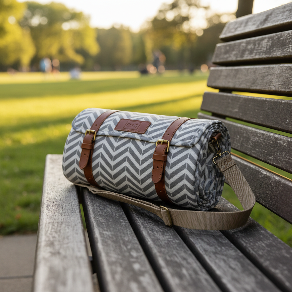 Compact travel picnic blanket outdoor folded with carry strap on park bench