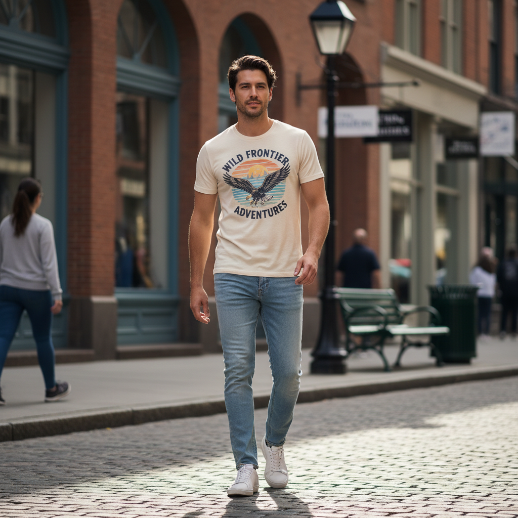 Men wearing a vintage design graphic tee with casual denim outfit
