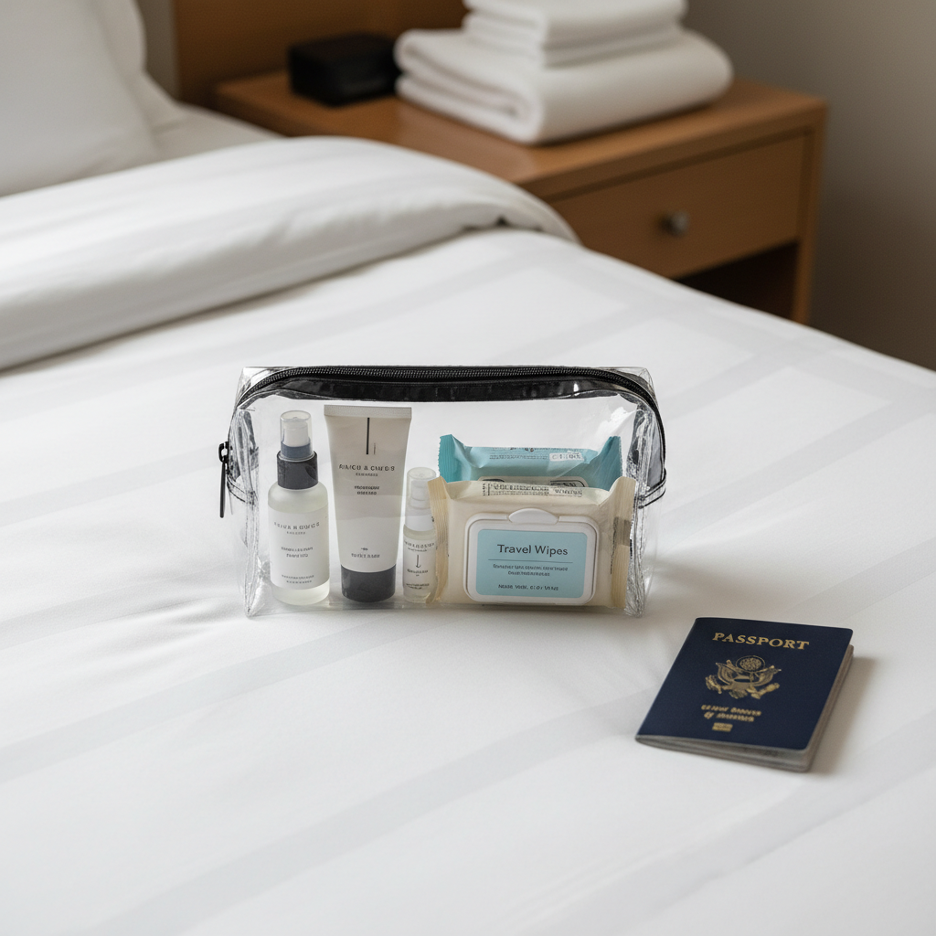 Travel makeup remover wipes in carry-on toiletries with skincare essentials