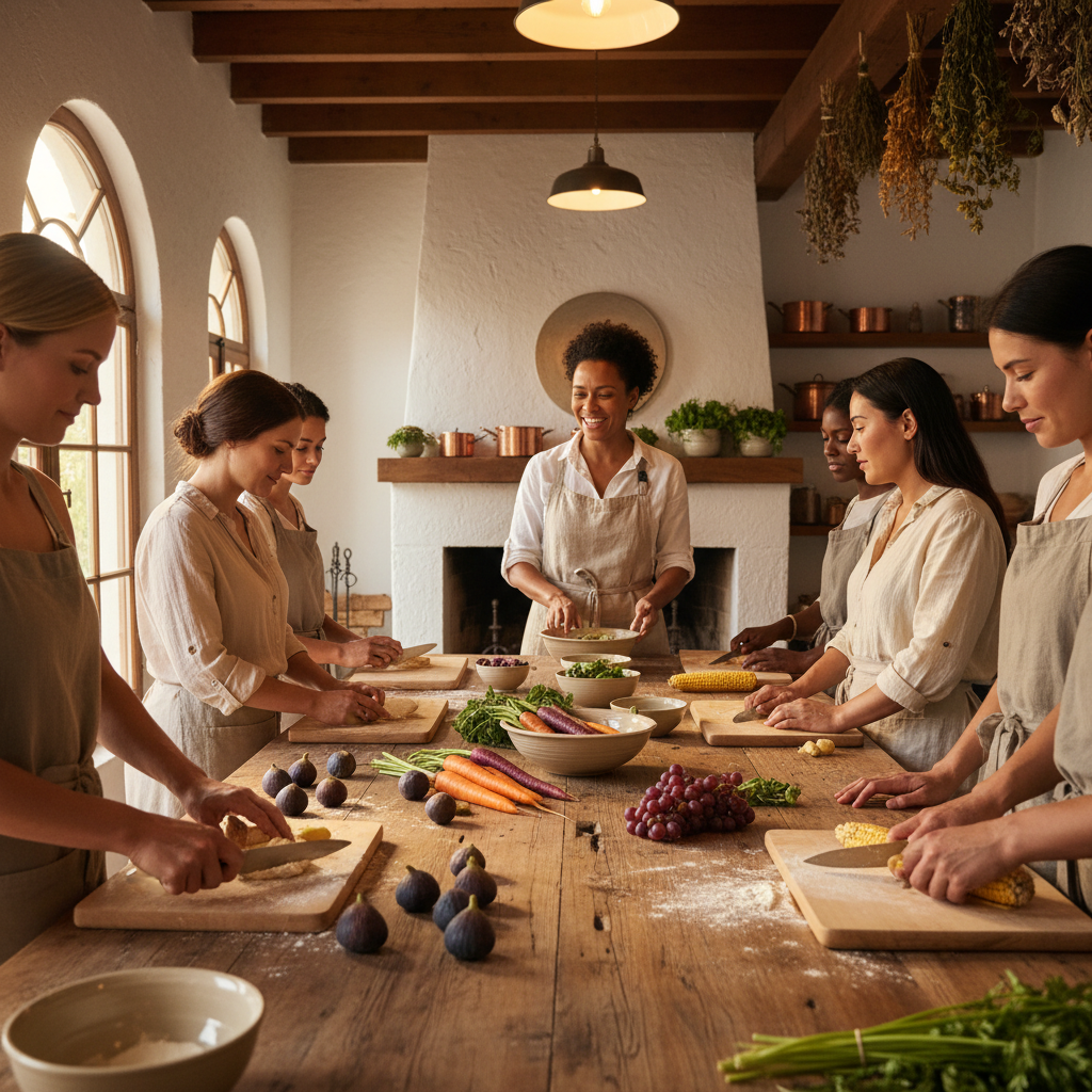 Traveler joining a harvest-season cooking workshop with local ingredients