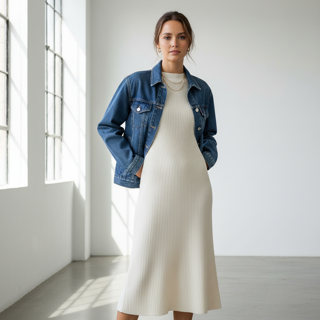Denim jacket layered over a midi dress for smart casual style