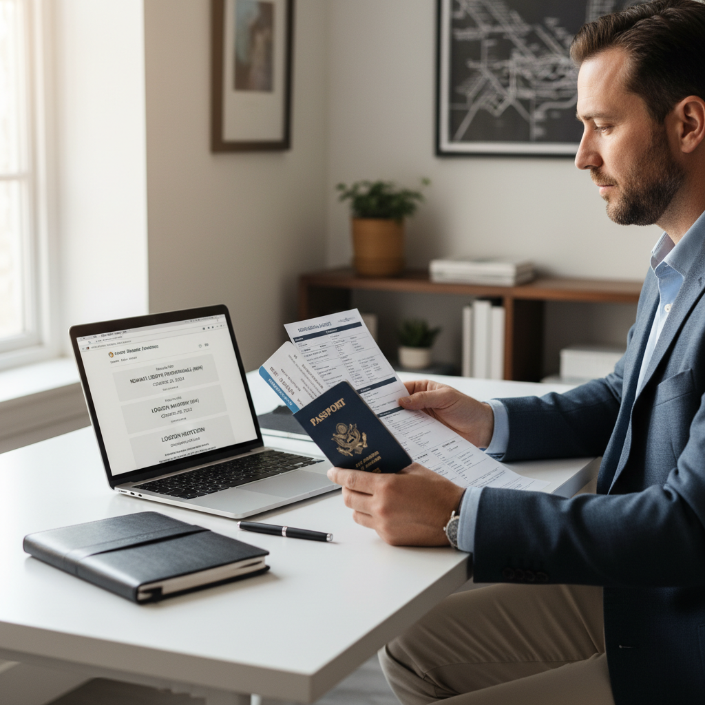U.S. traveler reviewing passport and travel documents checklist