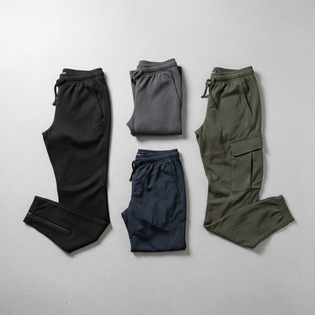 Different jogger styles comparison: fleece, tech, cargo, and slim tapered