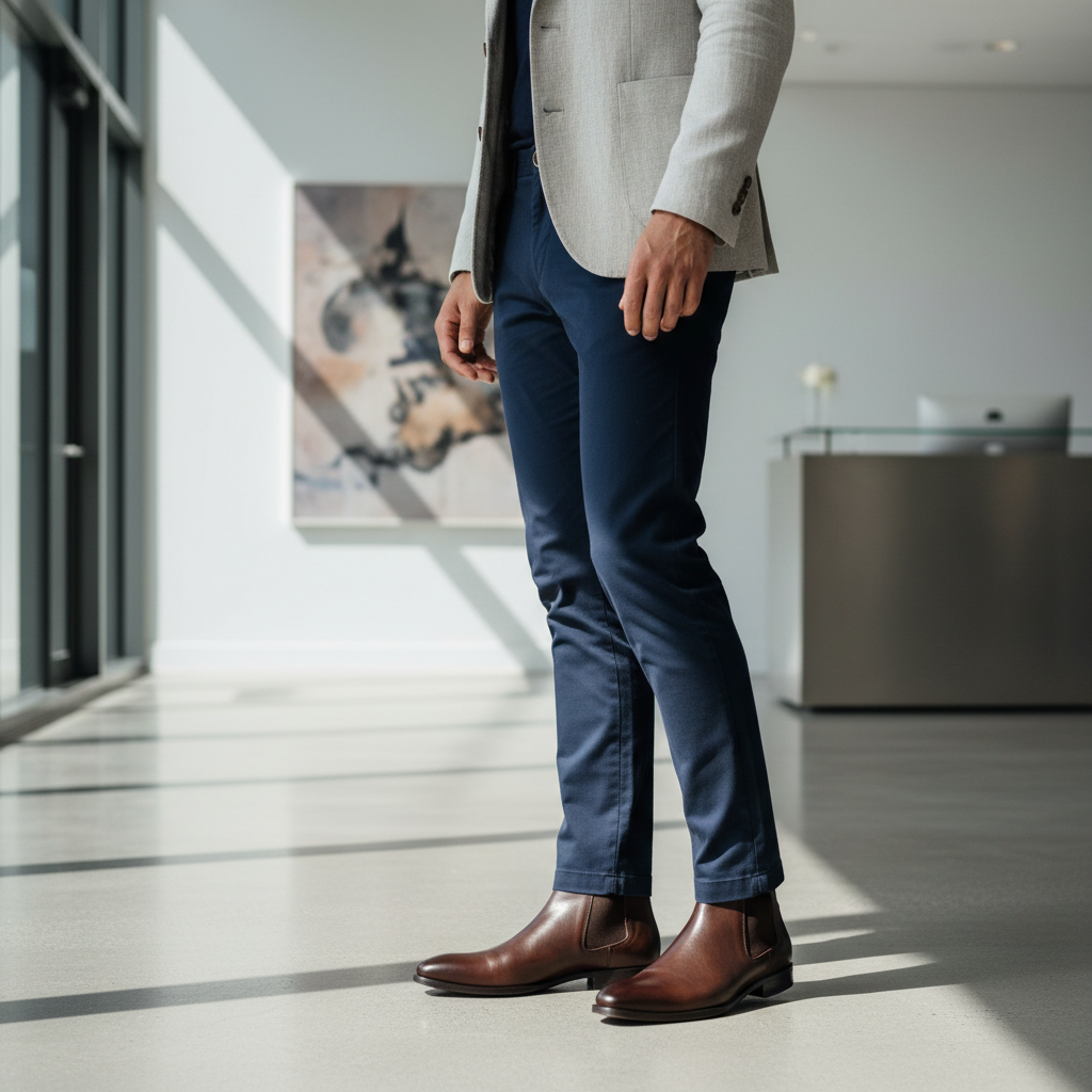 Men’s sleek leather Chelsea boots styled with chinos and a blazer for smart casual