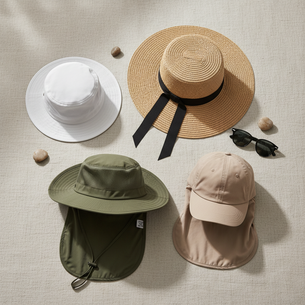 Different travel hat styles for sun protection laid out for comparison