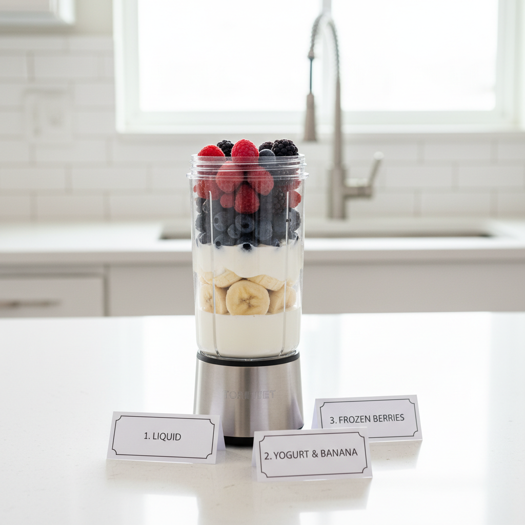 Step-by-step smoothie loading order in a portable blender cup