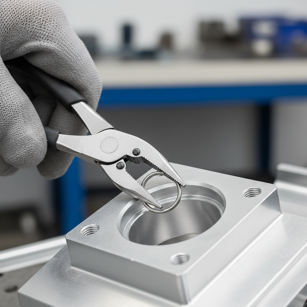 Close-up of installing an internal snap ring into a bearing bore with angled snap ring pliers