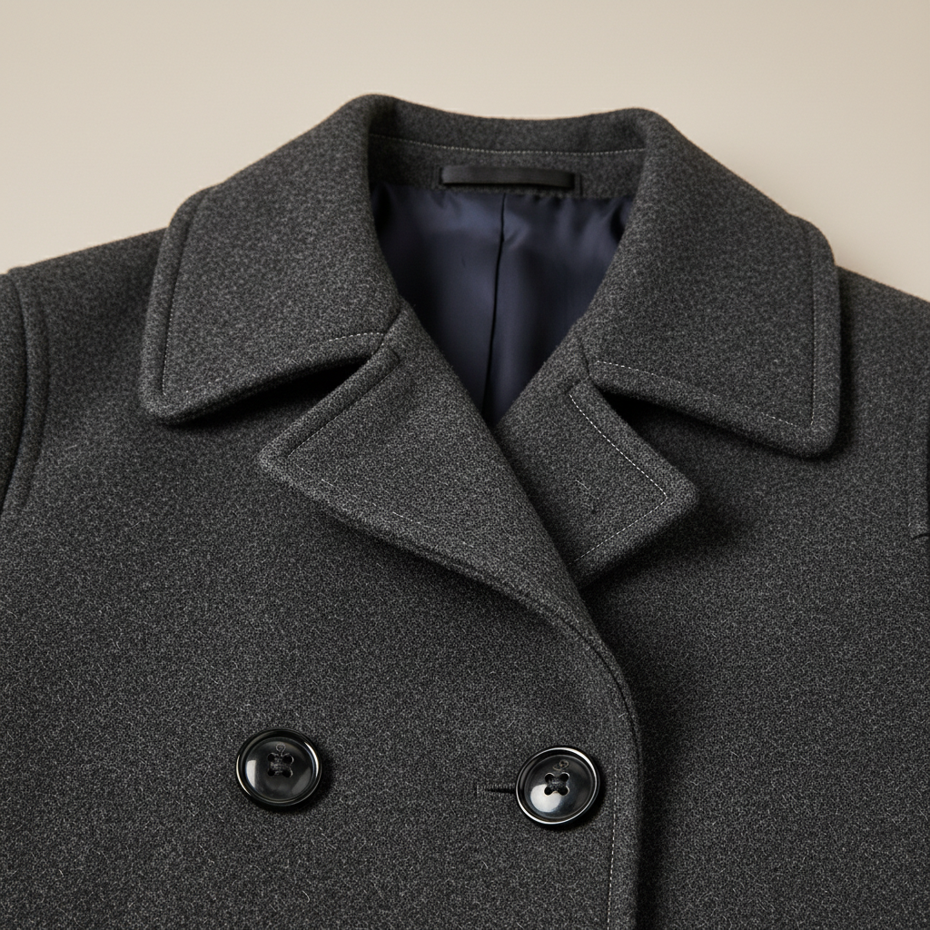 Close-up of wool pea coat fabric, stitching, buttons, and lining details