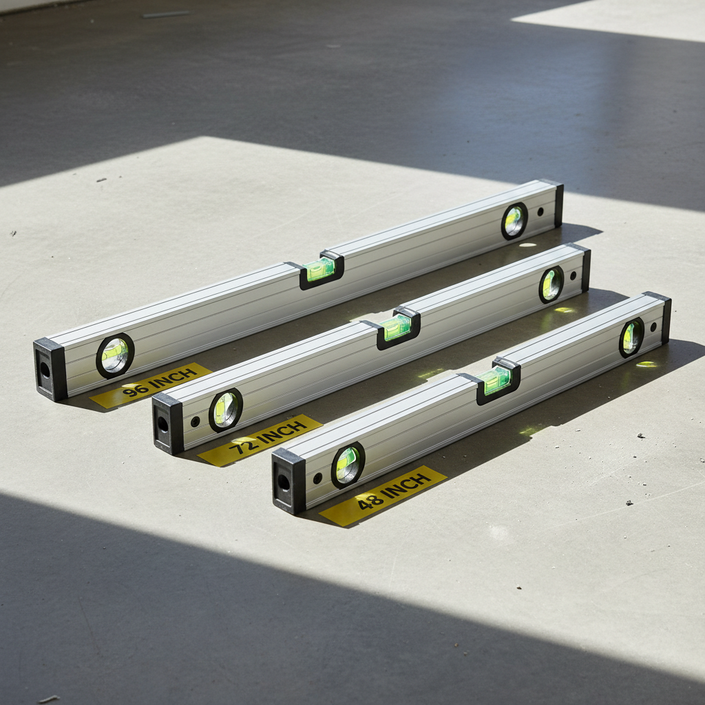Comparison of 48 72 and 96 inch aluminum spirit levels on a jobsite