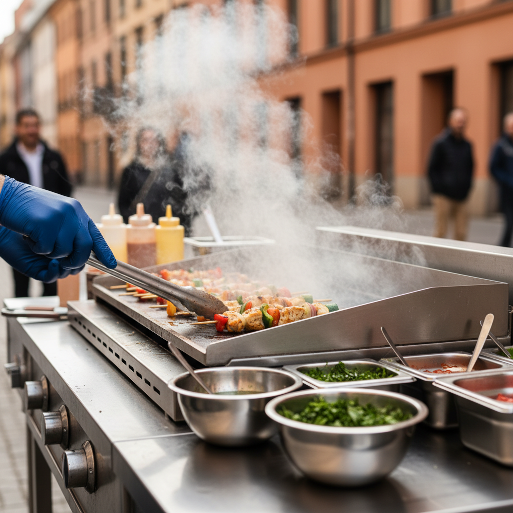 Street food vendor using gloves and tongs at a clean grill station