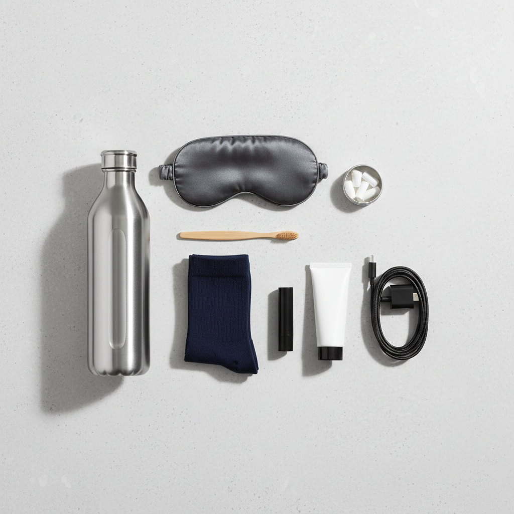 Minimal long-haul comfort kit laid out: eye mask, earplugs, compression socks, moisturizer, and refillable bottle