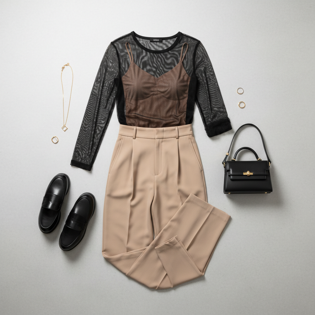 Flat lay styling guide showing mesh top with camisole, wide-leg trousers, and loafers
