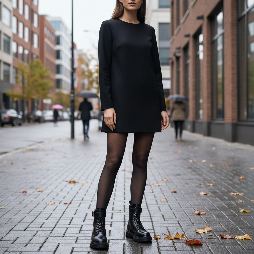 Combat boots with mini dress and tights edgy fall outfit