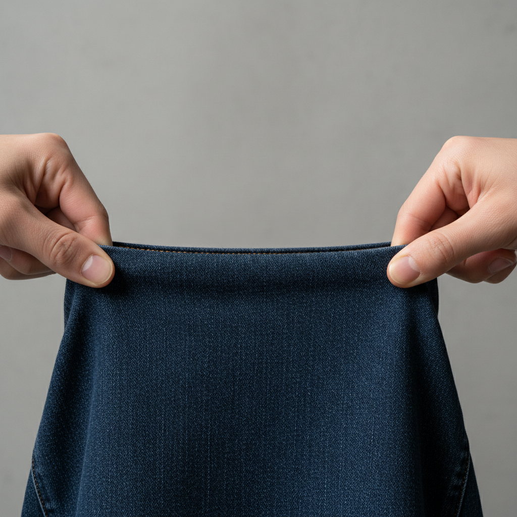 Close-up of denim fabric showing stretch and texture
