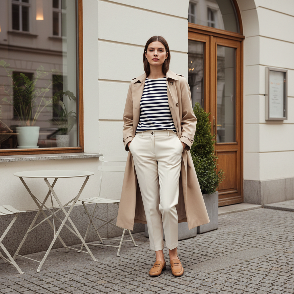Trench coat spring look with striped shirt and cropped trousers