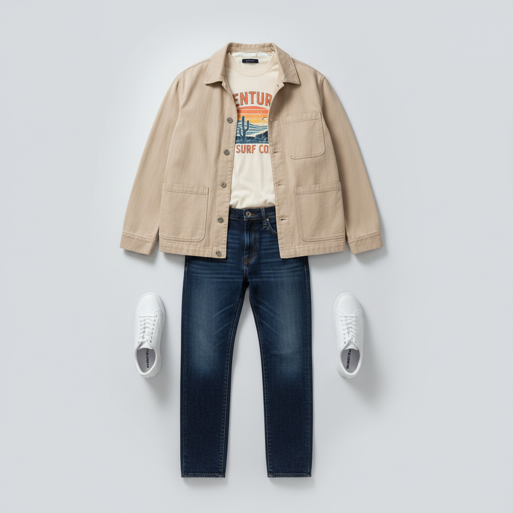 Flat lay of men vintage graphic tee outfit with jeans, jacket, and sneakers