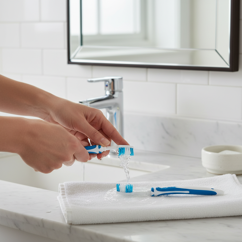 How to rinse and air-dry a foldable travel toothbrush at a hotel sink