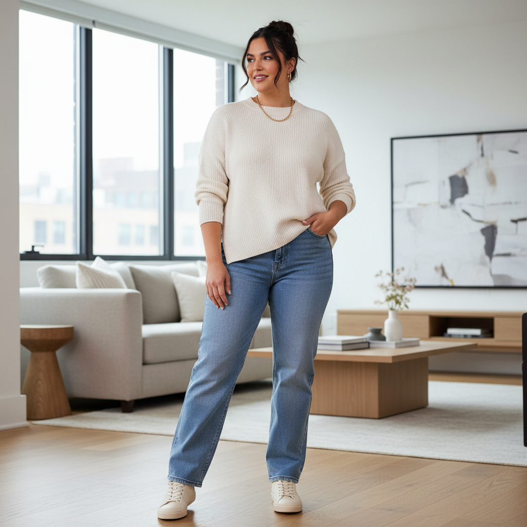Plus size sweater styling with half-tuck and straight-leg jeans